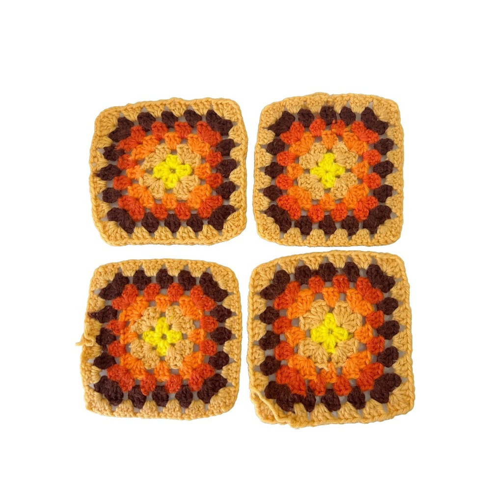 Vintage 1970 MCM Hand Crocheted Brown Square Hot Pad Pot Holder Trivet Set 4 NOS